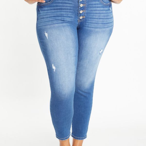 High Rise Ankle Skinny Jeans with 5 Exposed Button