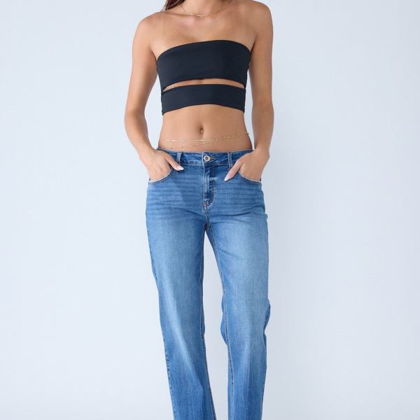 High Rise Knee Down Tie Wash Straight Jeans