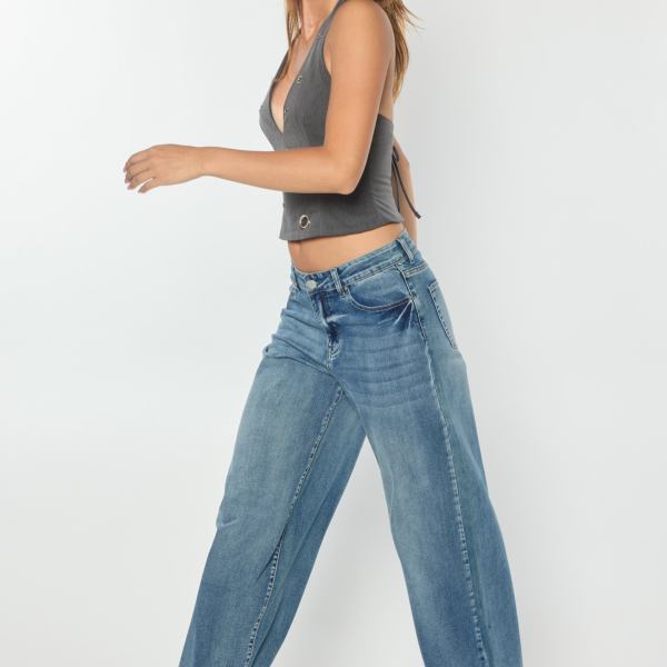 Mid Waist Relaxed Wide Leg Jeans with Heavy Brushed Wash
