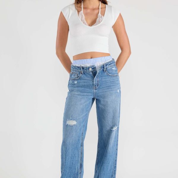 Low Waist Relaxed Straight Jeans with Tie Wash