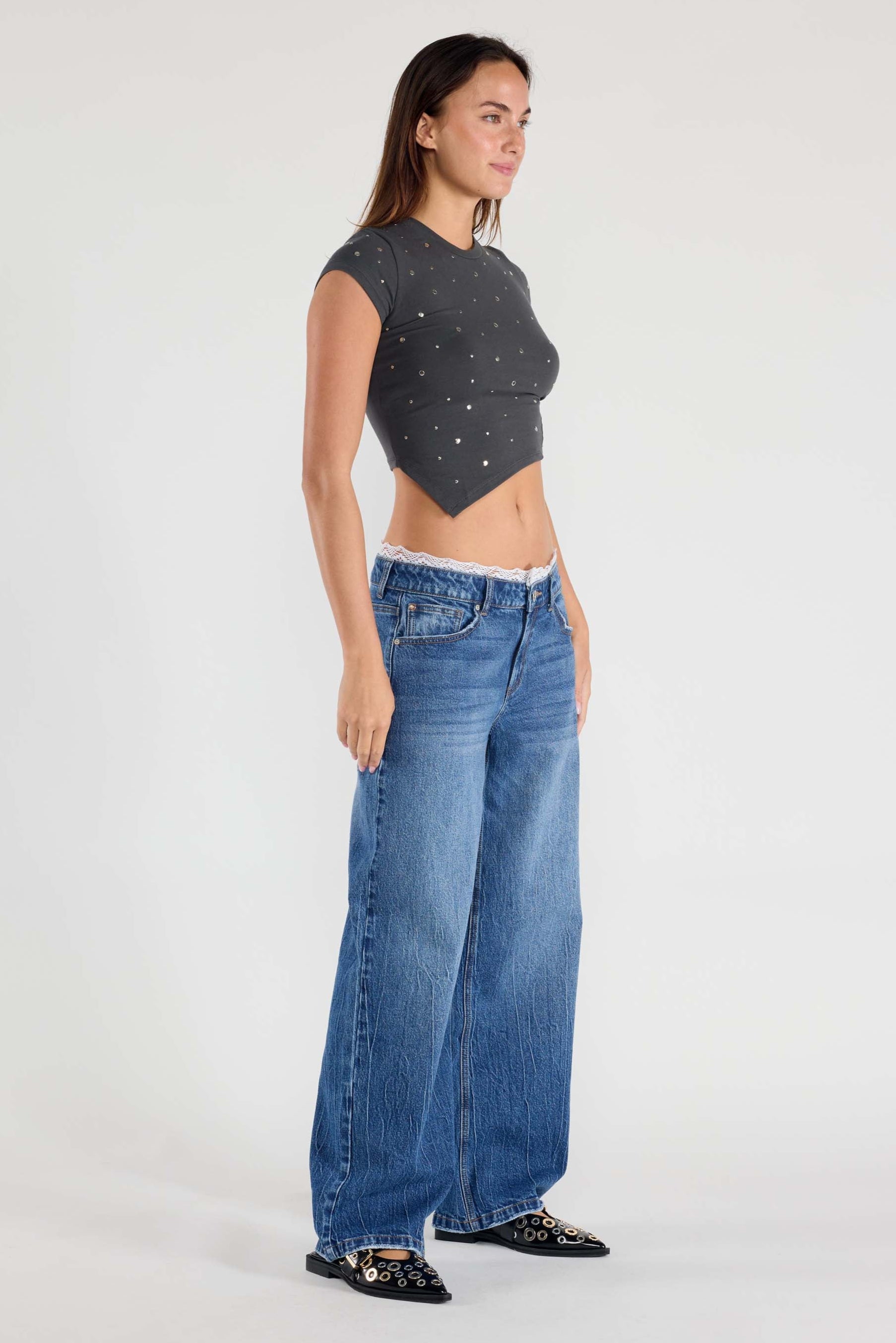 Low Waist Baggy Wide with Waist Band Lace Detail