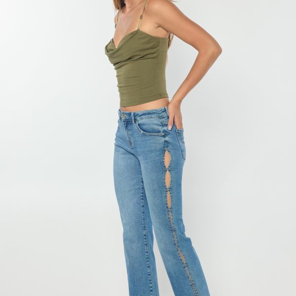 High Rise Relaxed Crop Bootcut Jeans with Side Cut-out hole Detail