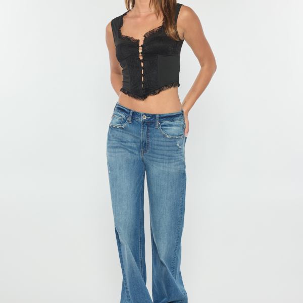 Mid Waist Baggy Wide Leg Jeans with Wide Cuffed Hem
