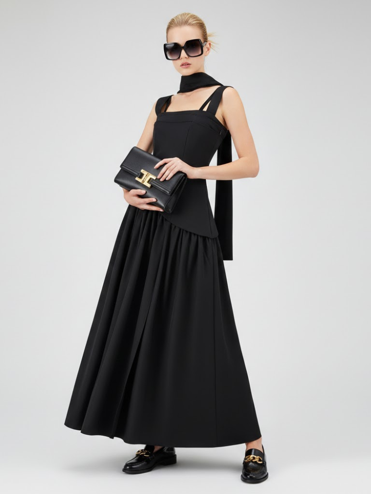 Elegant Black Maxi Dress with Multi-Strap Design and Asymmetrical Skirt โข BYMANYC ยฎ New York