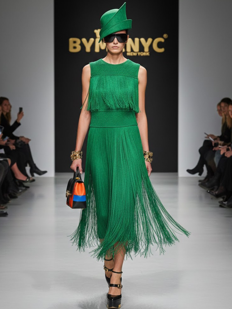 Emerald Kinetic Fringe Dress โข TRIBECA New Collection BYMANYC ยฎ New York