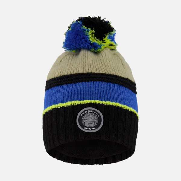 Lined Knit Pompom Hat Black, Taupe And Lime Green