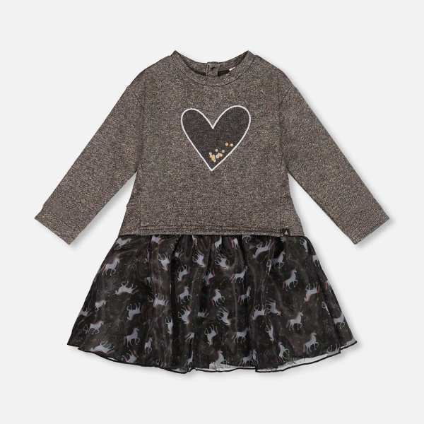 Bi-Material Dress Black With Mesh Skirt And Heart