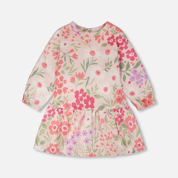 French Terry Dress Pink Printed Flowers