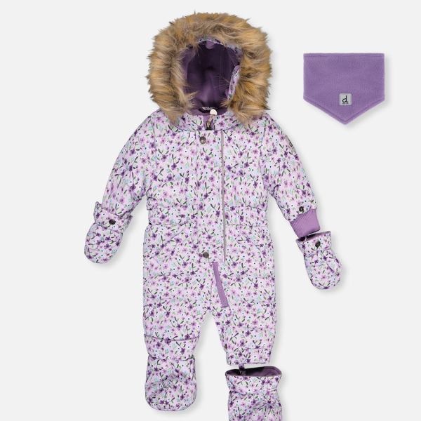 Baby Original One Piece Puffy Snowsuit With Removable Mittens And Boots Purple Printed Mini Flowers