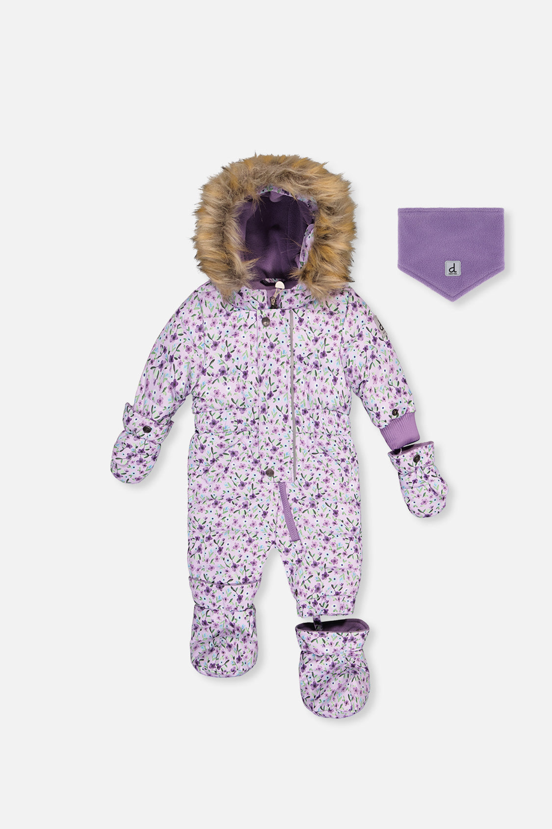 Baby Original One Piece Puffy Snowsuit With Removable Mittens And Boots Purple Printed Mini Flowers