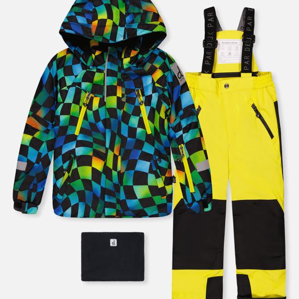 Two Piece Play Snowsuit Green Yellow And Blue Checkerboard With Yellow Pants
