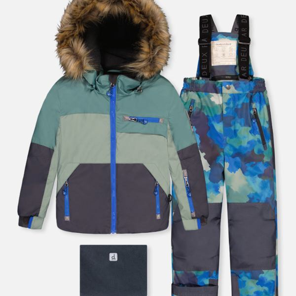 Two Piece Play Snowsuit Green And Navy Colorblock With Blue Camouflage Pants