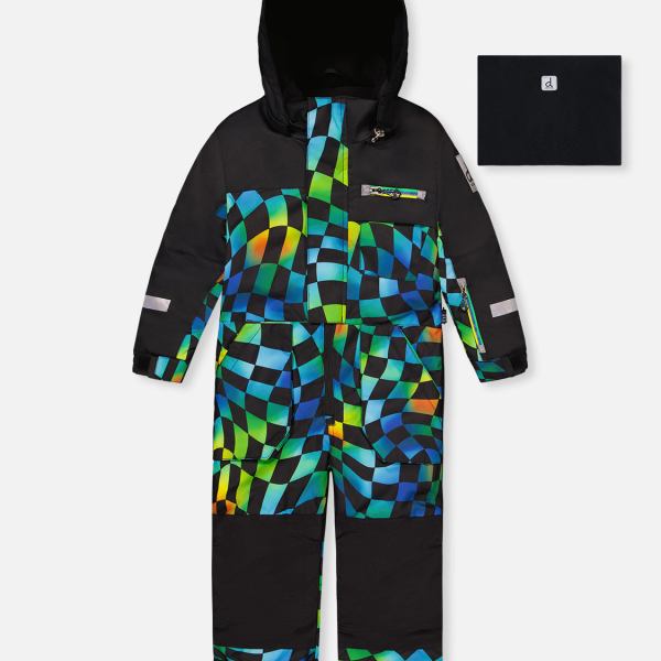 Kids One Piece Play Snowsuit Blue Checkered Print