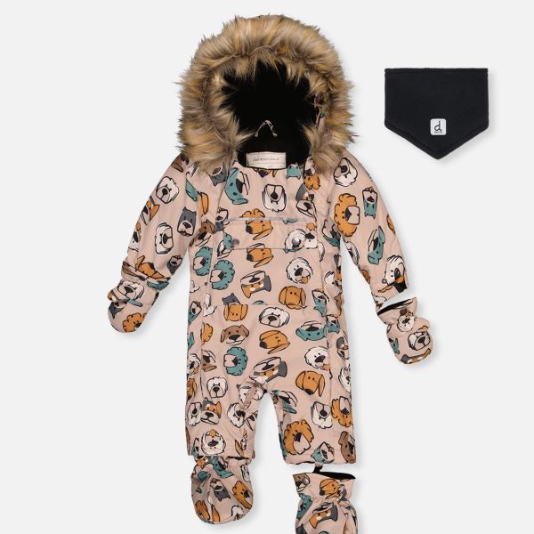 Baby One Piece Snowsuit Adapted For Car Seats Beige Dog Print