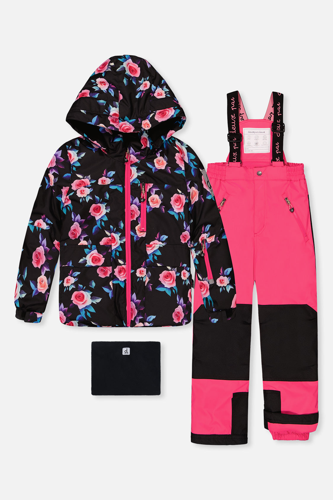 Two Piece Play Snowsuit Black Rose Print With Pink Pants