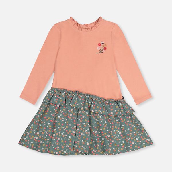 Bi-Material Dress Pale Pink And Green Floral Print