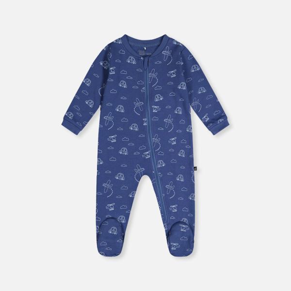 Baby Organic Cotton One Piece Pajama Blue Transport Print