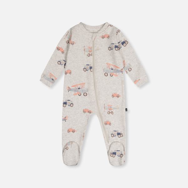 Baby Organic Cotton One Piece Pajama Beige Airplane Print