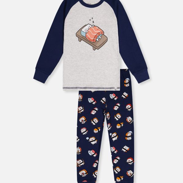 Organic Cotton Two Piece Pajama Set Blue Sushi Print