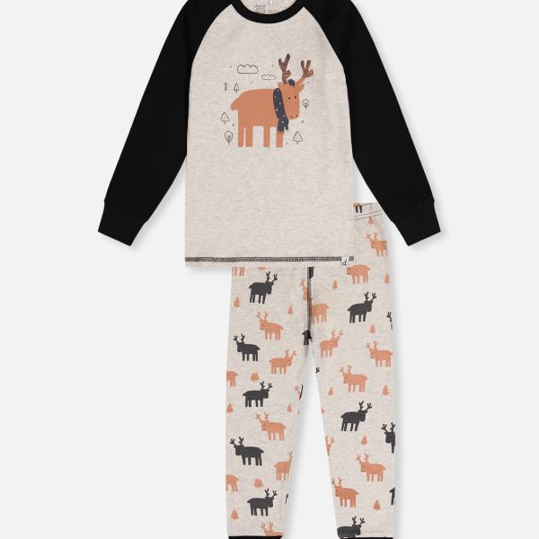 Organic Cotton Two Piece Pajama Set Beige Elk Print