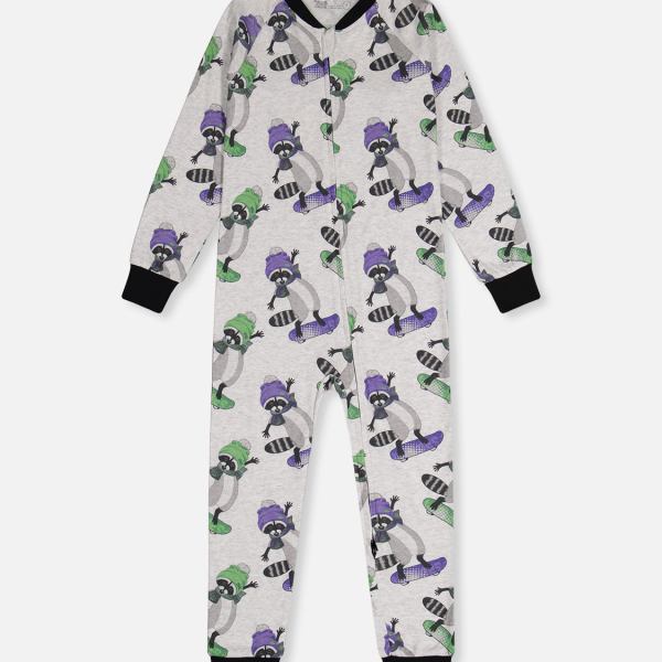Organic Cotton One Piece Pajama Beige Raccoon Print