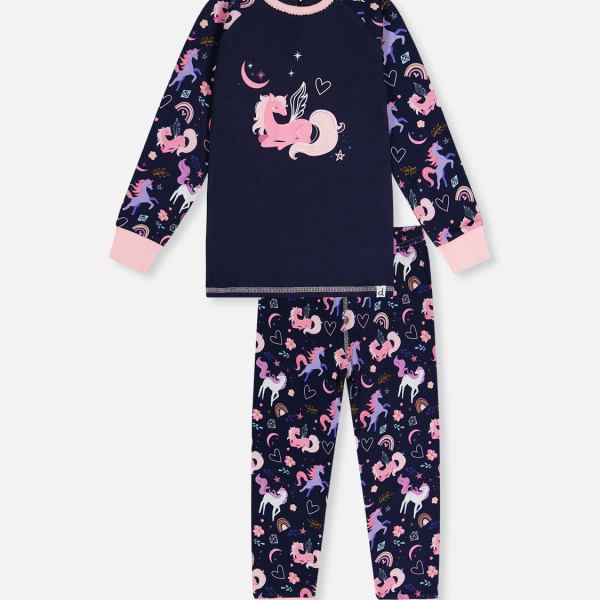 Organic Cotton Two Piece Pajama Set Purple Unicorn Print