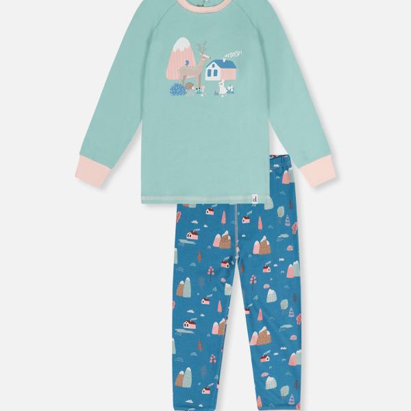 Organic Cotton Two Piece Pajama Set Blue House Print