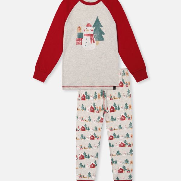 Organic Cotton Two Piece Christmas Pajama Set Beige Christmas Print