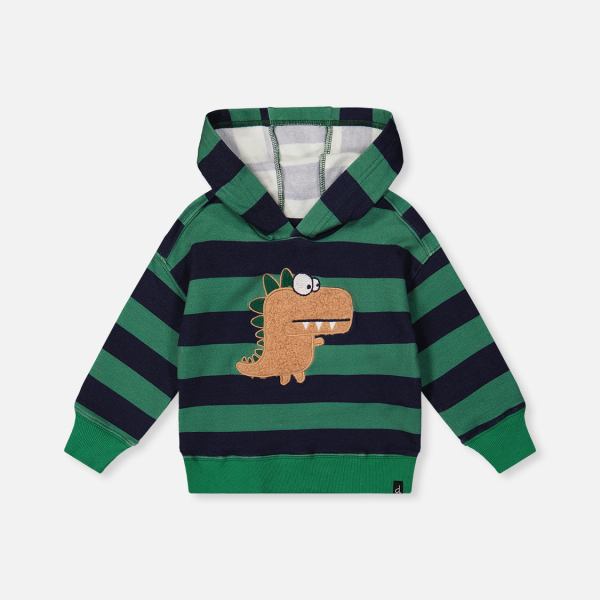 Fleece Hoodie With Applique Blue Striped Green