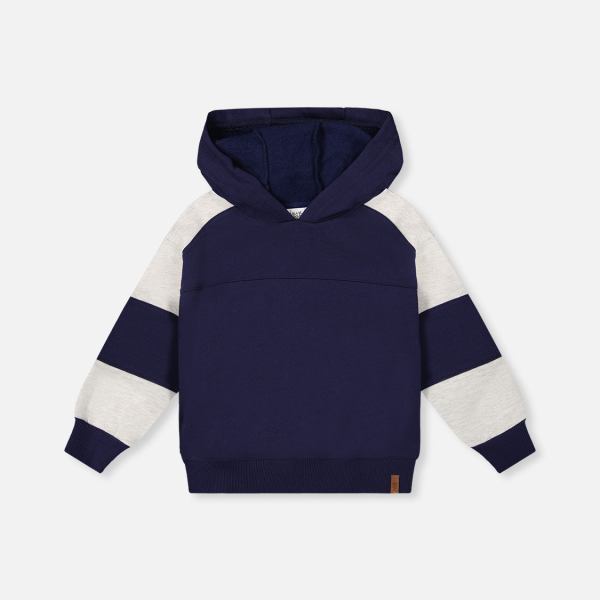 Hooded Striped Fleece Cardigan Dark Blue And Beige