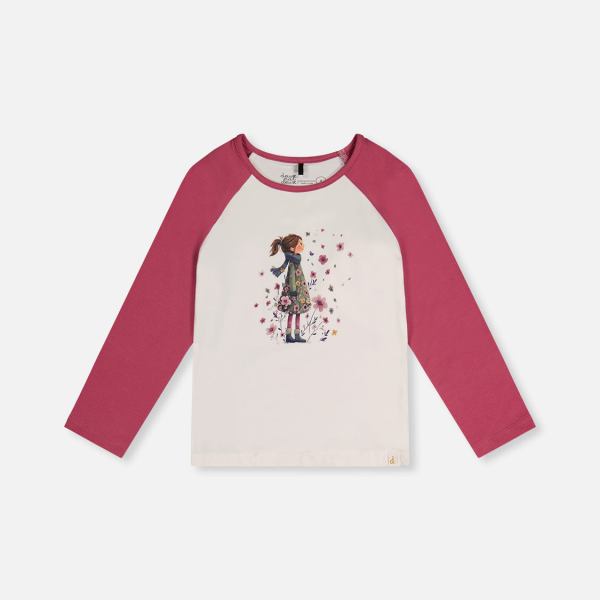 Raglan Organic Cotton T-Shirt Pinkish Violet And White