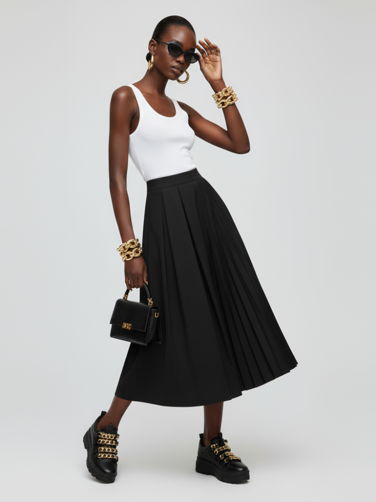 MIDTOWN DELUXE Pleated Midi Skirt ECO FASHION BYMANYC ยฎ New York
