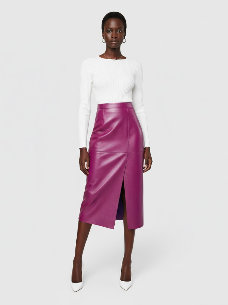 Magenta Vegan Leather Midi Pencil Skirt BLEECKER: New Colecciรณn COUTURE in NOLITA - BYMANYC ยฎ New York