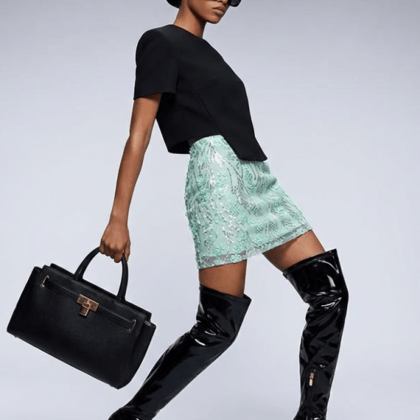 Structured Tweed Mini Skirt with Embroidered Roses & Crystals • BYMANYC ® New York