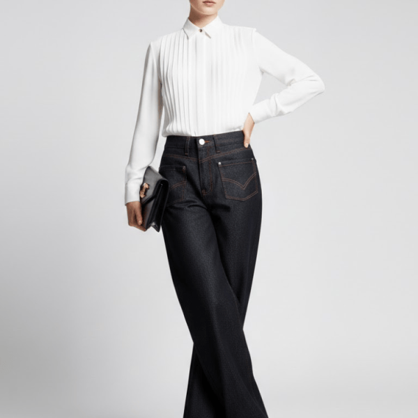 Wide-Leg Denim Trousers with Inverted Pocket Design • BYMANYC ® New York