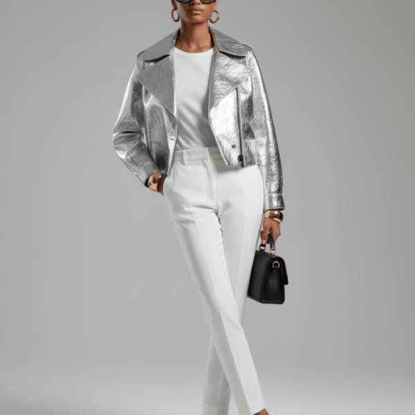 Women's Metallic Vegan Leather Biker Jacket SILVER WALL STREET COUTURE BYMANYC ® New York