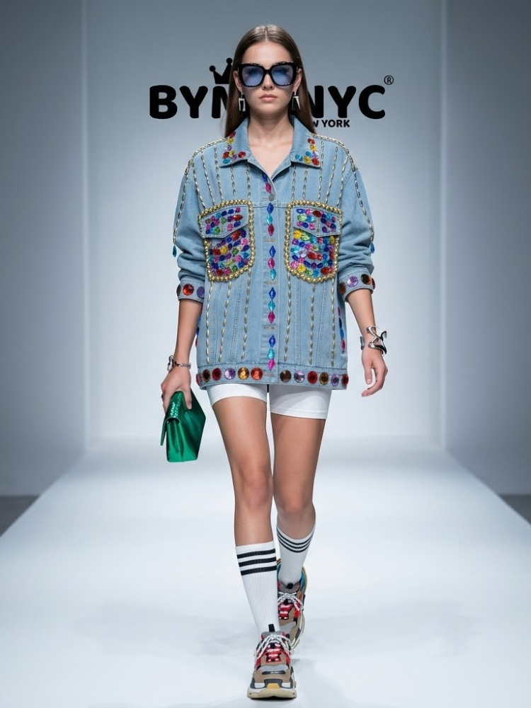 Women's Blue Denim Jacket Oversized Rainbow Crystal Chain BYMANYC ยฎ New York CONTEMPORARY VIBRANT MODERN OUTERWEAR - New Collection