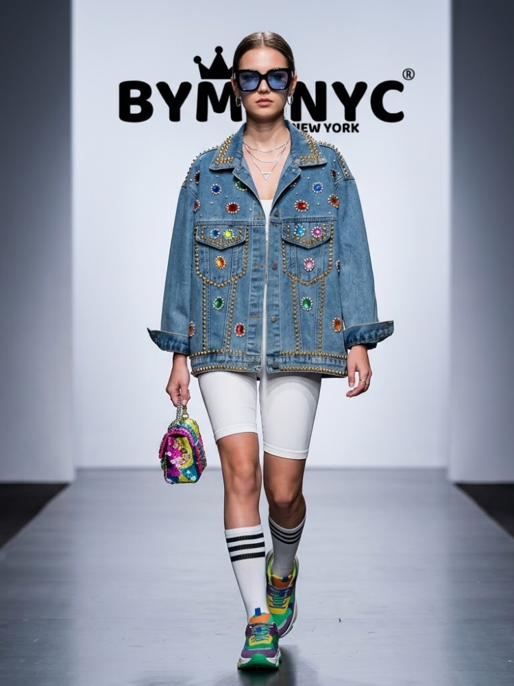 Women's Oversized Jewel & Studded Denim Jacket BYMANYC ยฎ New York CONTEMPORARY VIBRANT MODERN OUTERWEAR - New Collection