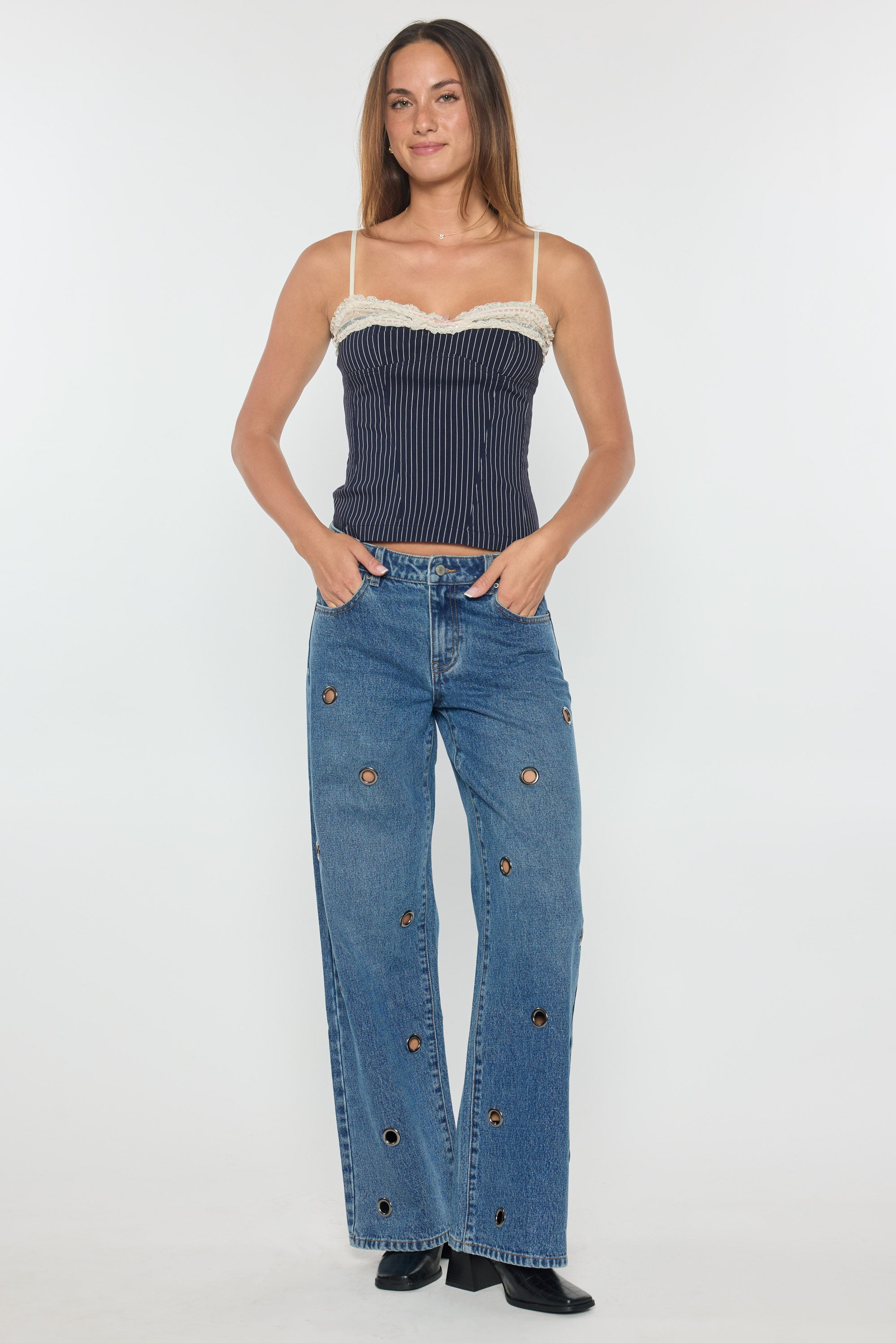 Low Waist Wide Leg Jeans with Big Eyelet Detail