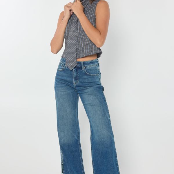 High Rise Wide Leg Jeans with Rhinestone Cutout Detail