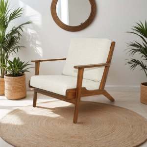 Connor Solid Wood Linen Lounge Chair - Cream - Image 1