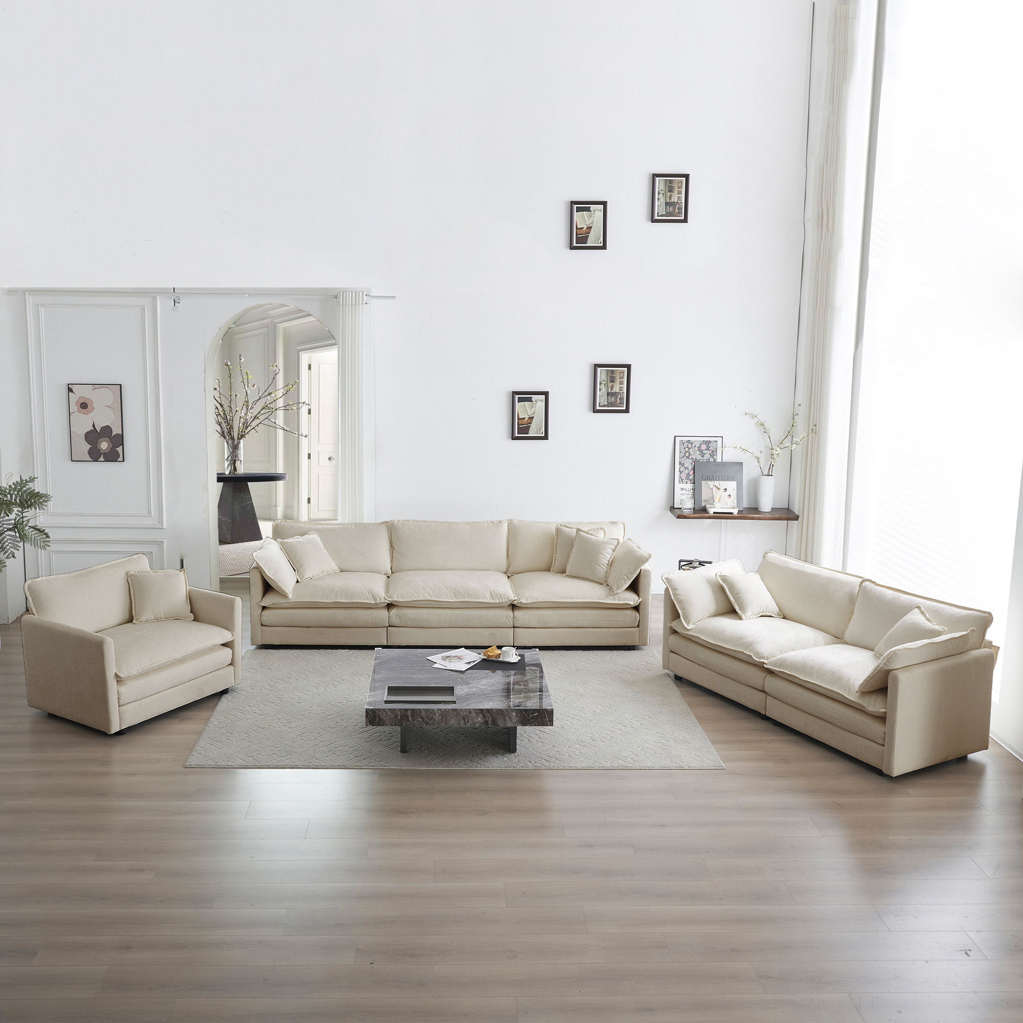 Modern Sofa Couch, 3 Piece Set Extra Deep Seat Sectional Sofa For Living Room, Oversized Sofa, 3 Seat Sofa, Loveseat And Single Sofa, Beige Chenille Modern Sofa Couch, 3 Piece Set Extra Deep Seat Sectional Sofa For Living Room, Oversized Sofa, 3 Seat Sofa, Loveseat And Single Sofa, Beige Chenille