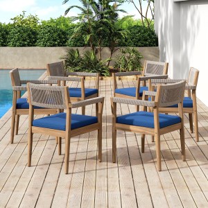 Braided Acacia Wood Outdoor Dining Chairs Set Of 6 Teak Look With Beige Rope & Navy Cushions, All-Weather Patio Furnitu