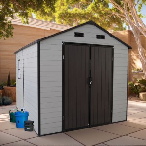 8x8x7.6FT Outdoor Resin Storage Shed With Windows, Strong Aluminum Frame & Floor For Garden, Organization White Brown -