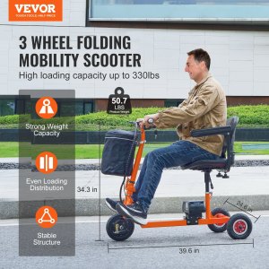 VEVOR Foldable 3 Wheel Mobility Scooter For Seniors, Portable Electric Powered Mobility Scooter With 12 Mile Long Range, All
