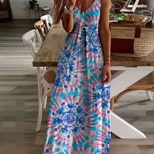Self-pick-up Plus Size Women's Marble Printed V-Neck Stretchy Casual Cami Tank Dresses - Image 1