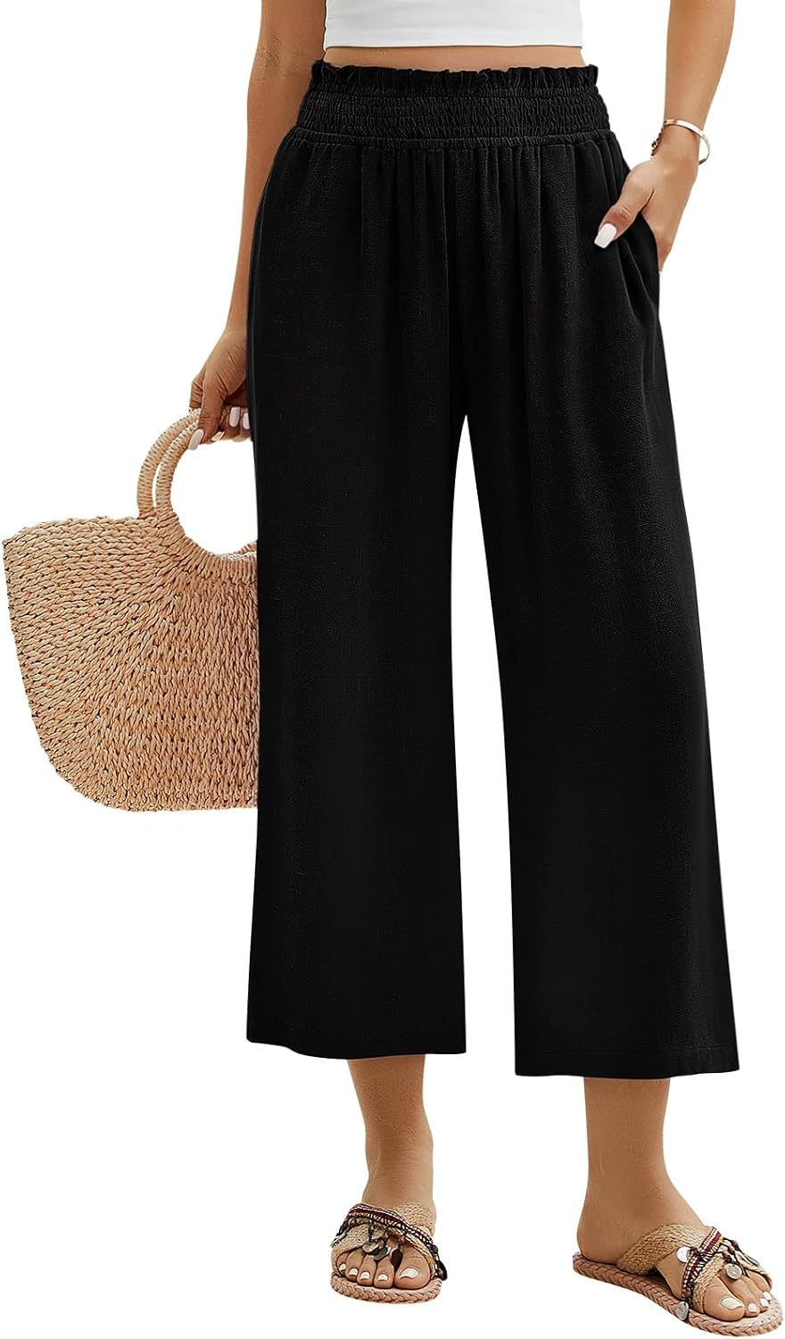 Yusongirl Women's Linen Wide Leg Capri Pants - Smocked High Waist, Cotton-Linen - Summer Casual Yusongirl Women's Linen Wide Leg Capri Pants - Smocked High Waist, Cotton-Linen - Summer Casual