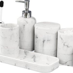 LIN CHUAN 6-Piece Resin Bathroom Accessories Set - Soap Dispenser, Toothbrush Holder, Vanity Tray, Marble White - Image 1