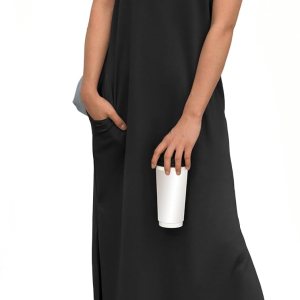 GRECERELLE Women's Casual Maxi Dress - Round Neck Loose Wrinkle-Free Vacation Dress with Pockets and Side Slit - Image 1
