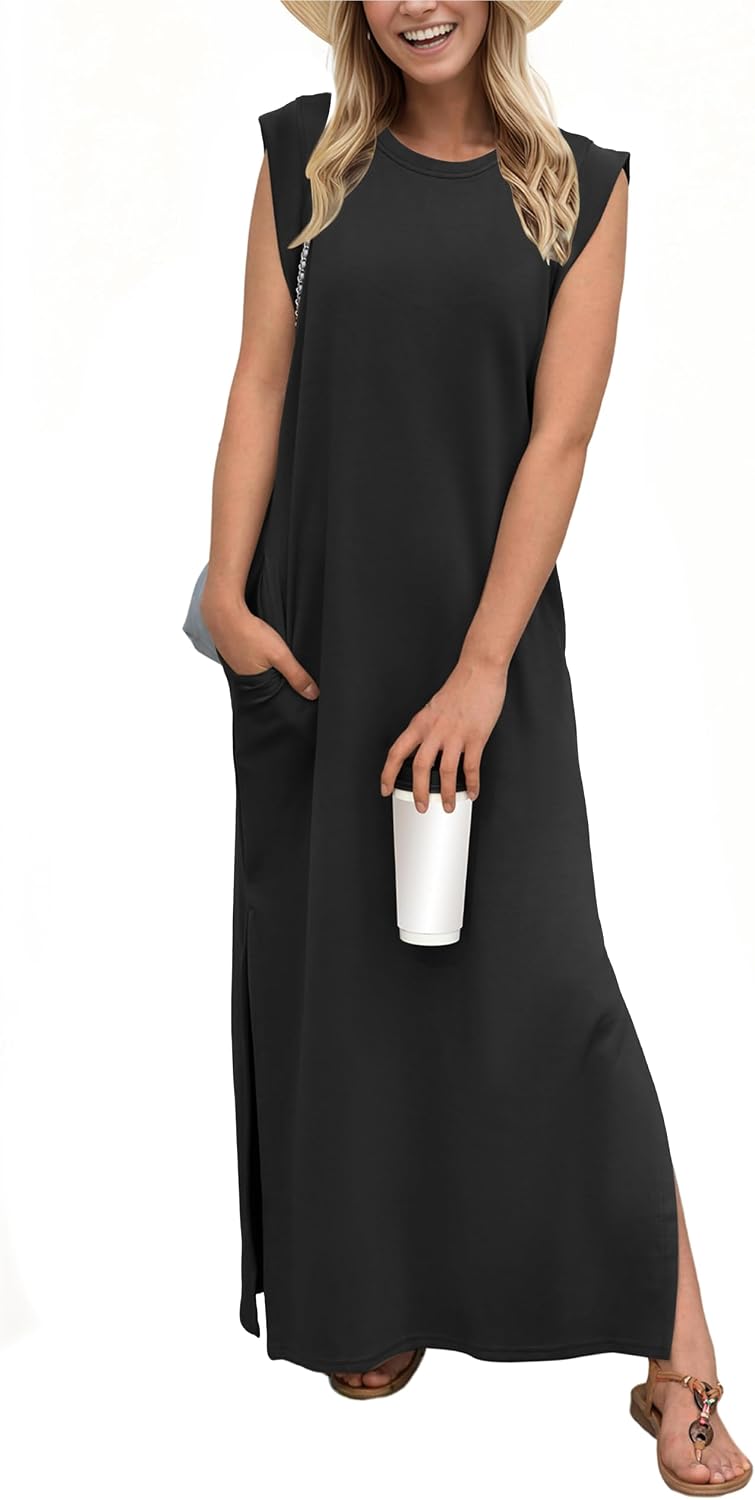 GRECERELLE Women's Casual Maxi Dress - Round Neck Loose Wrinkle-Free Vacation Dress with Pockets and Side Slit GRECERELLE Women's Casual Maxi Dress - Round Neck Loose Wrinkle-Free Vacation Dress with Pockets and Side Slit